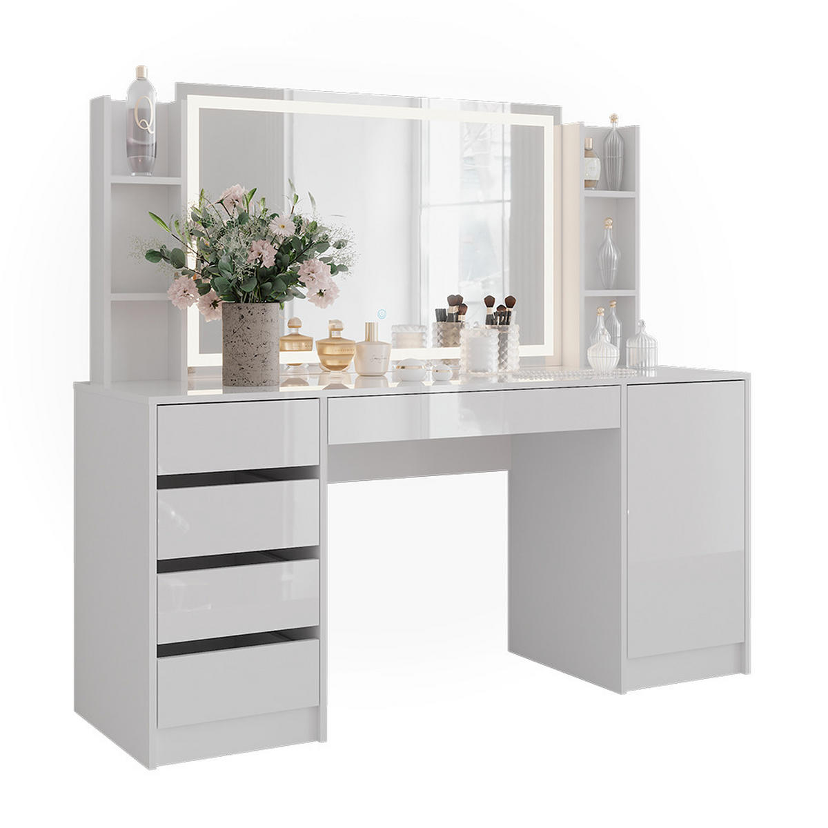 SCHMINKTISCH Sherry Weiß/Weiß Hochglanz 158.2 cm 4 Teile - Weiß Hochglanz, Holzwerkstoff (158.2/76/50.1cm) - Vicco