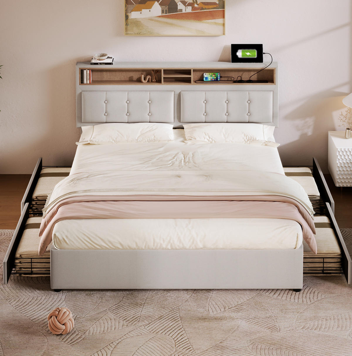 POLSTERBETT mit 4 Schubladen, USB-C und Matratze 140x200 cm Beige - Beige, Metall (140/200cm) - Meubliv