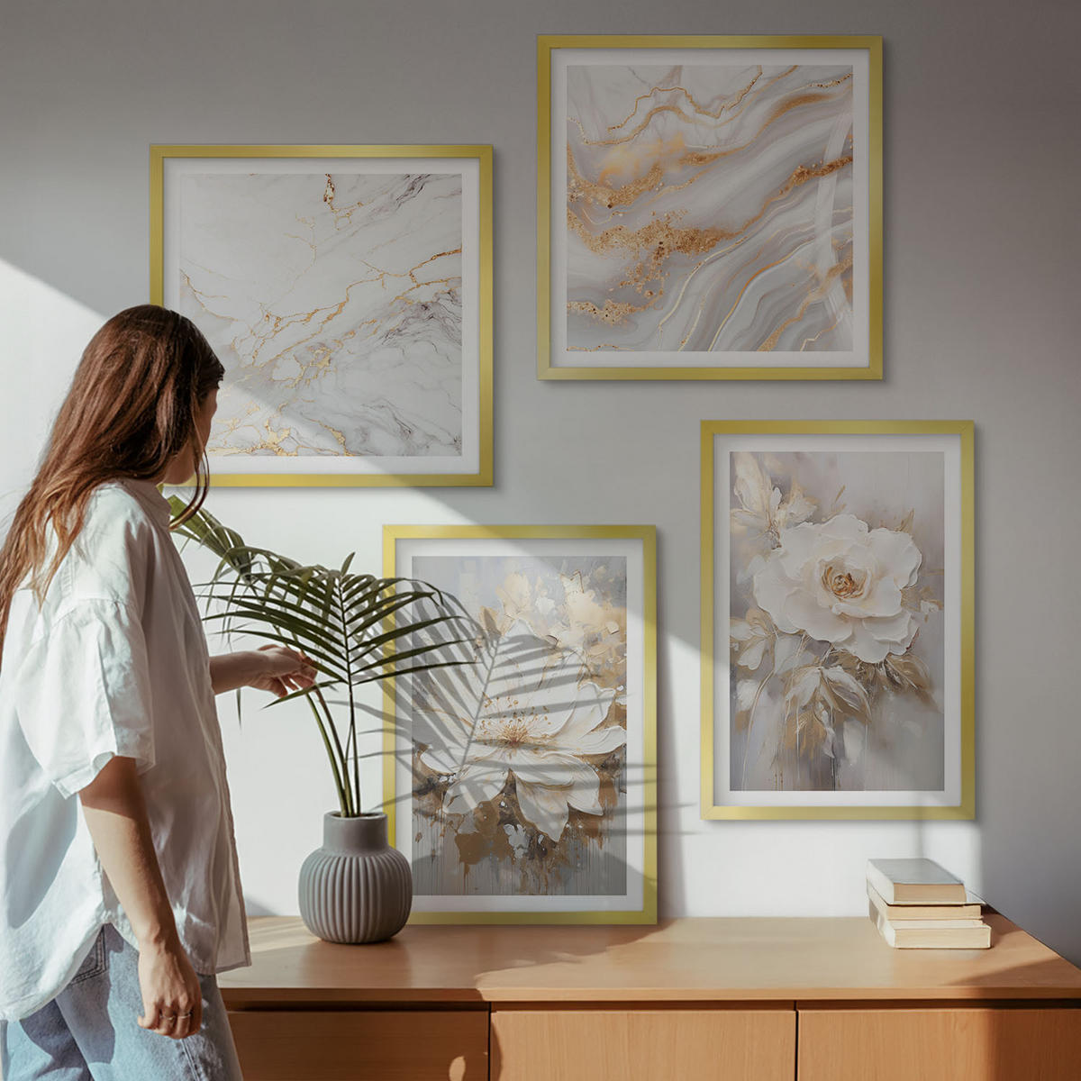 BILDER SET 4er Set - 50x50 cm & 40x60 cm Goldrahmen - Abstrakte Blumen aus Marmor - Goldfarben, Kunststoff (50/50cm) - TULUP