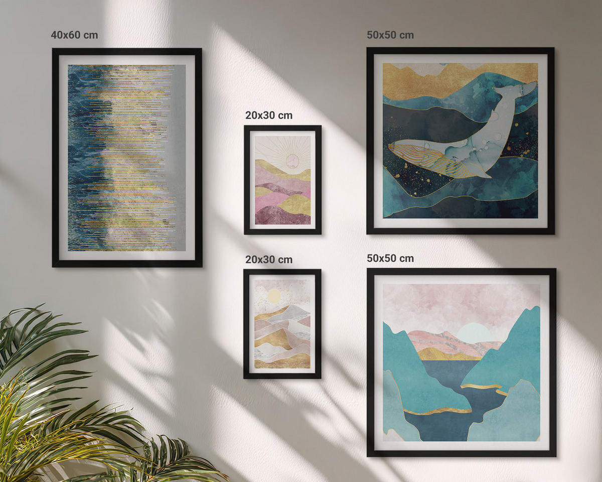 WANDBILDER 5er-Set - 50x50 cm & 20x30 cm & 40x60 cm Schwarzer Rahmen - Abstrakte Berge Sonne - Schwarz, Kunststoff (40/60cm) - ArtPrintCave