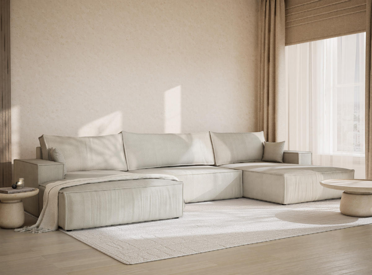 WOHNLANDSCHAFT Kyoto Creme Samtstoff - Creme/Schwarz, Holz/Holzwerkstoff (398/70/148cm) - Maison de Reve