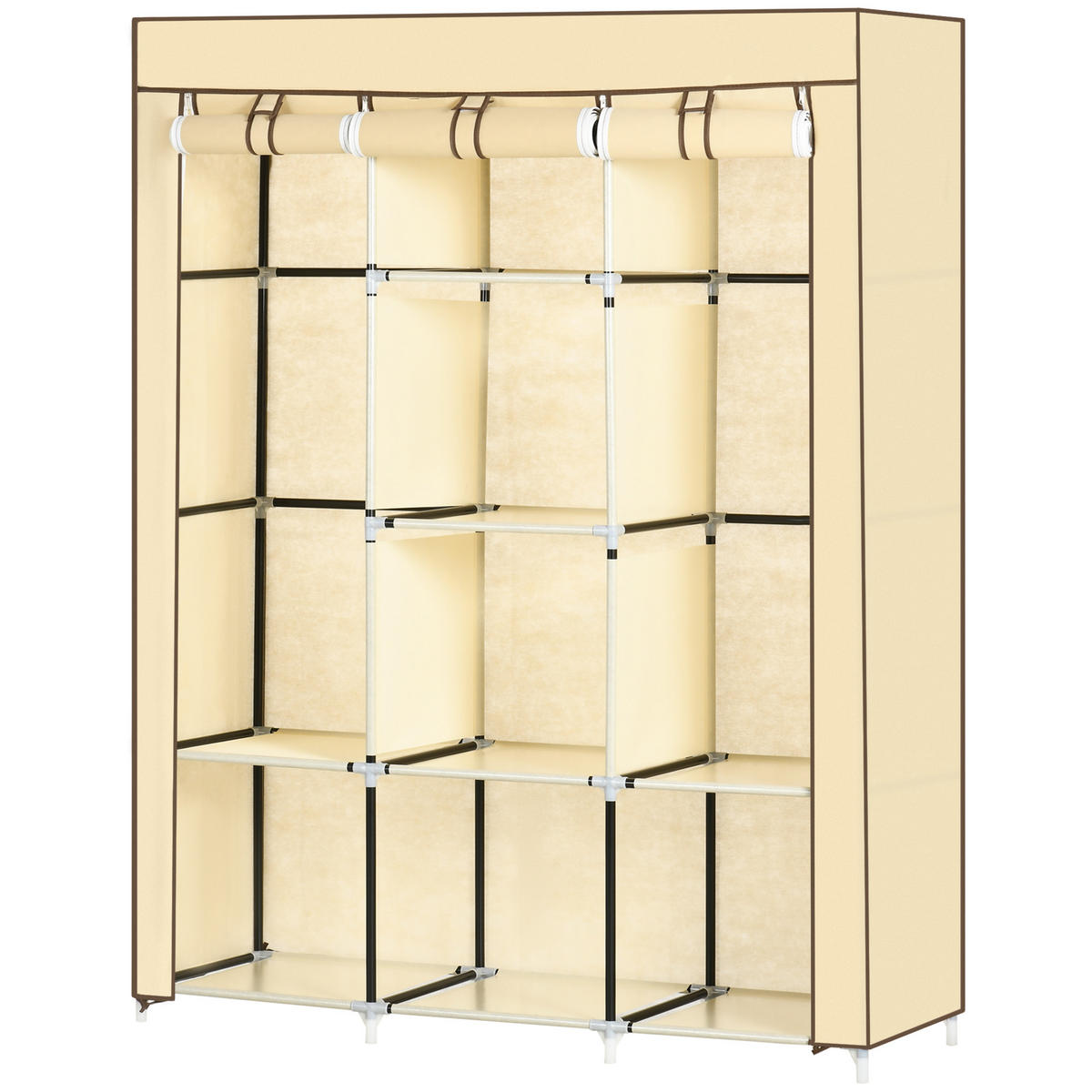 STOFFSCHRANK mit 8 Regalen und 2 Kleiderstangen, praktische Aufbewahrungslösung für Kleidung, Beige - Beige, Metall (125/162.5/43cm)