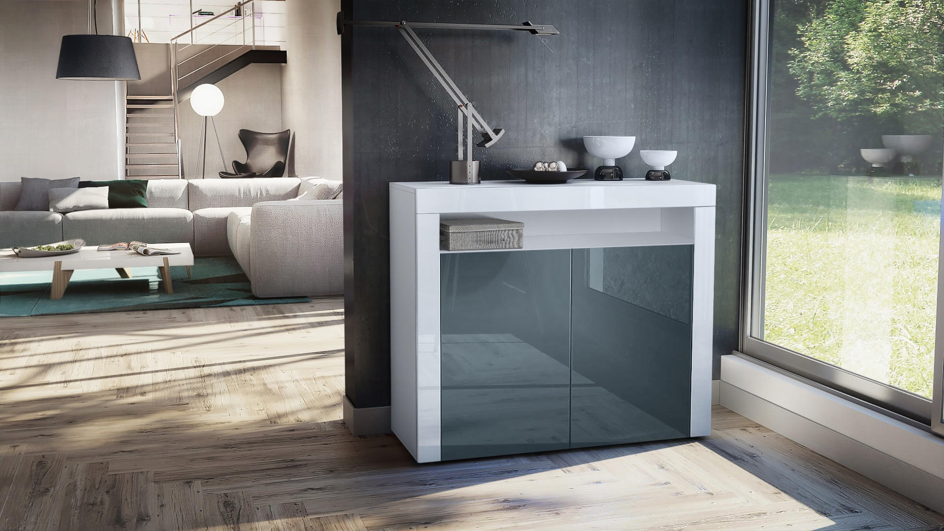 KOMMODE Valencia Grau Hochglanz / Weiß Hochglanz - Grau, Holzwerkstoff (108/92/40cm) - Vladon