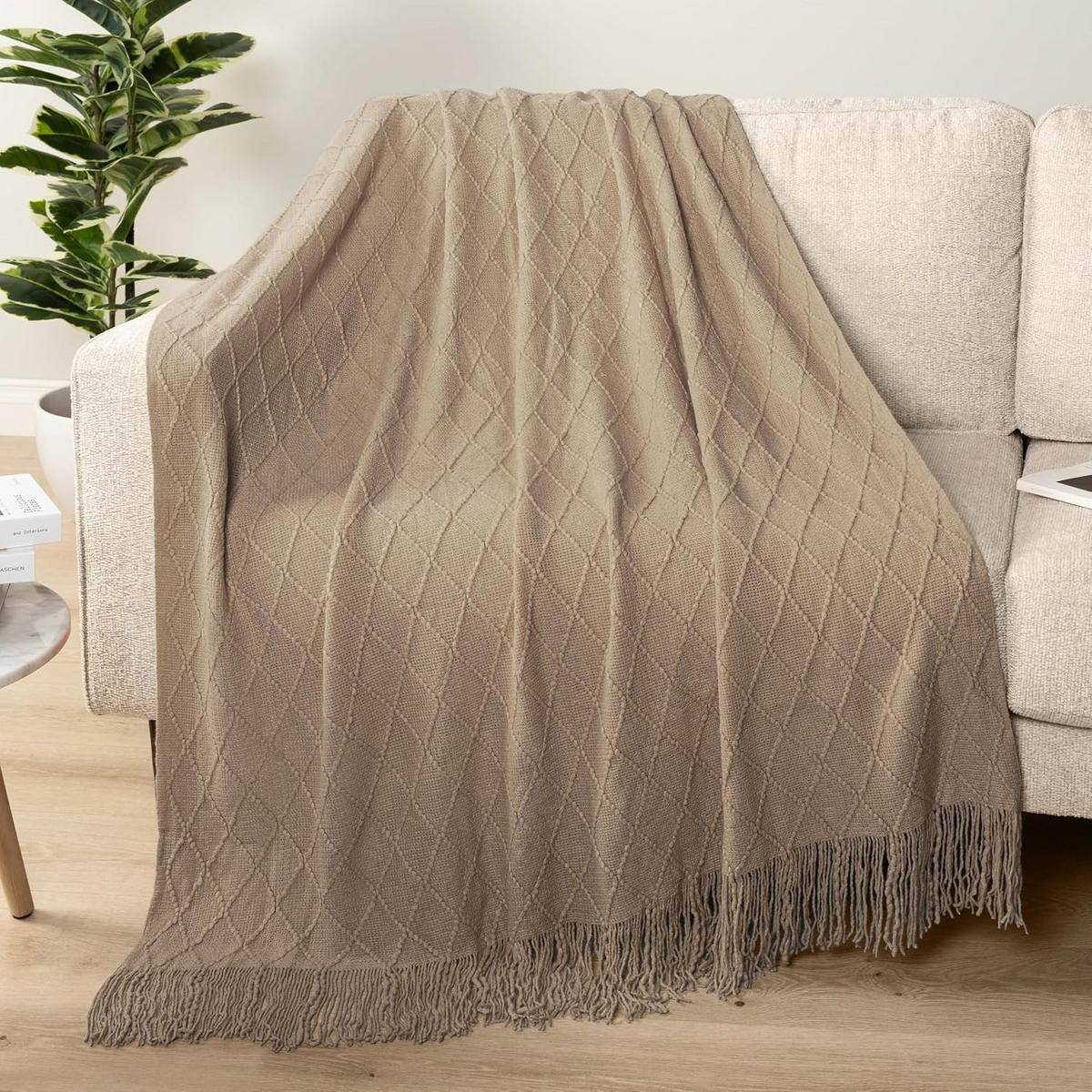 STRICKDECKE - 127 × 180 cm - Khaki - Greige, Textil (127/180cm)