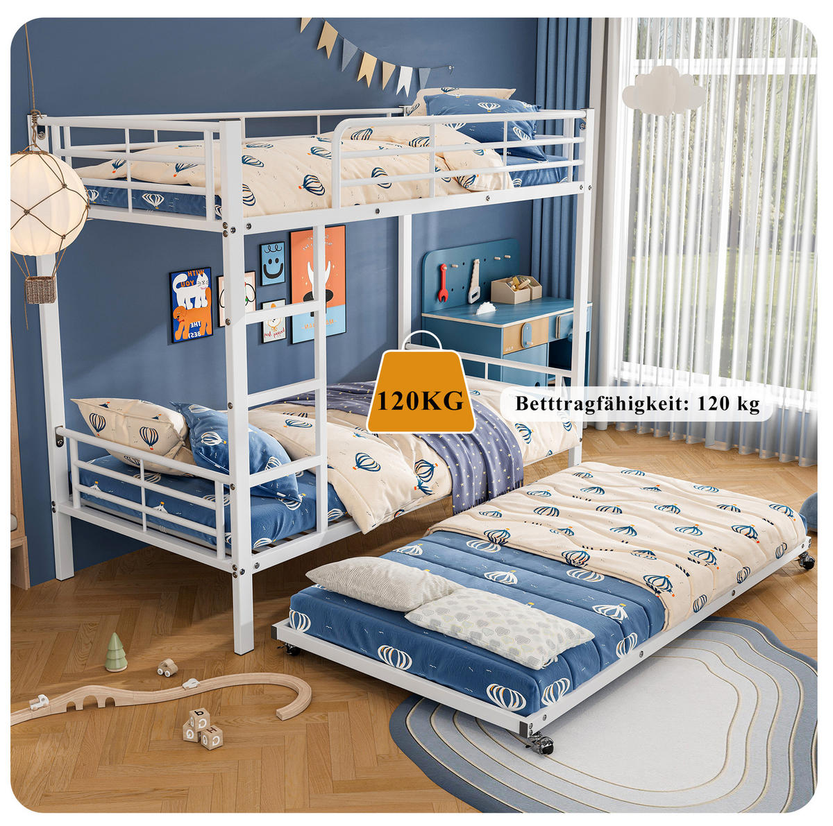 ETAGENBETT 90/200 cm mit Ausziehbett 90/190 cm, gerader Leiter und Sicherheitsgittern aus Metall, Weiß - Weiß, Metall (90/200cm) - Redom