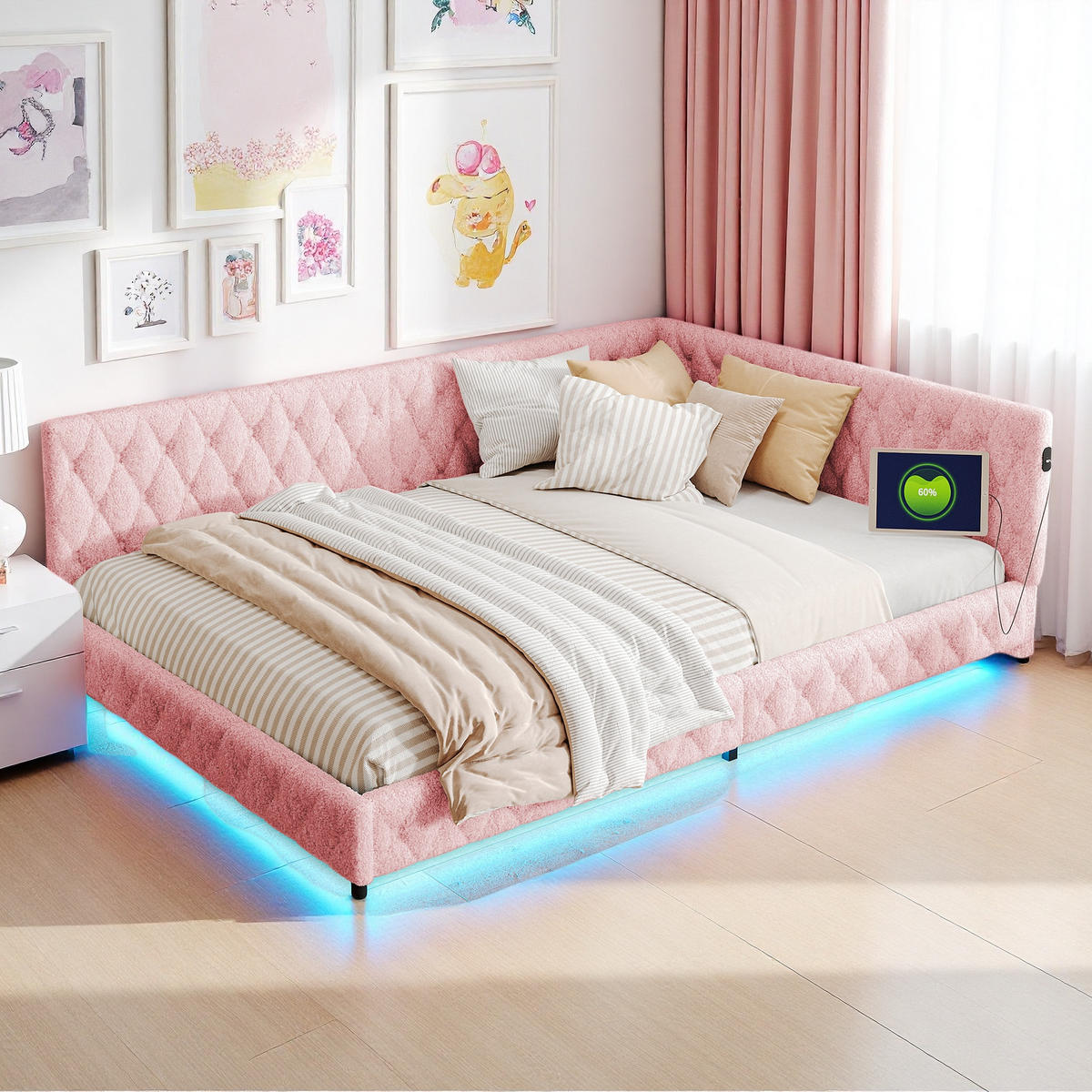 POLSTERBETT 140/200 cm Rosa mit LED-Beleuchtung und USB - Rosa, Holz (140/200cm) - SHOPENTRA