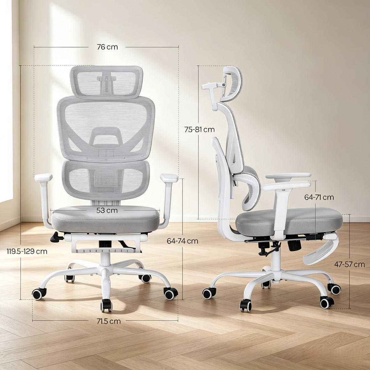 DREHSTUHL ergonomisch mit Fußstütze und 150 kg Tragfähigkeit - Grau, Leder (53/120/71.5cm) - Gisaae