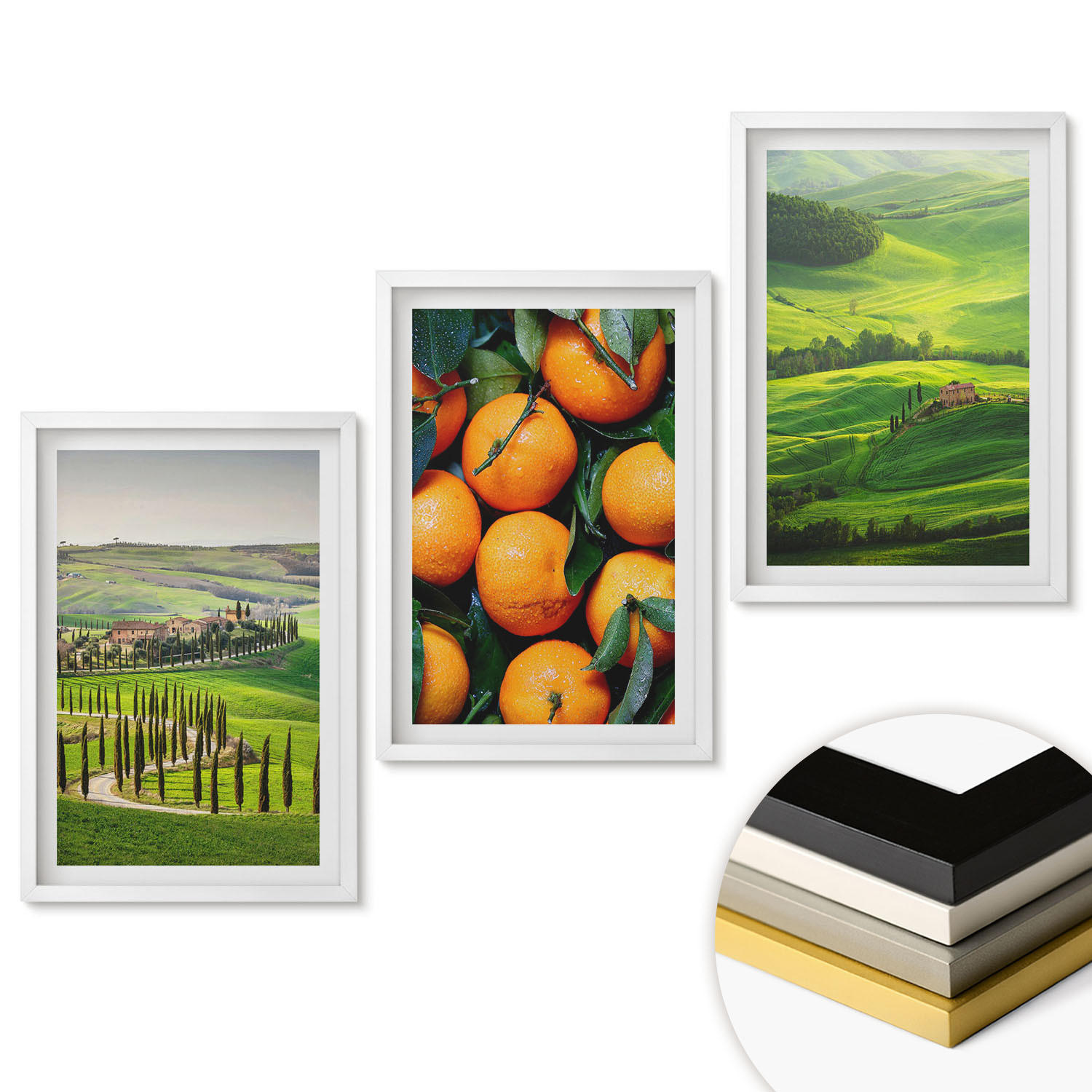 WANDBILDER 3er-Set - 40x60 cm Weißer Rahmen - Italienische Landschaft mit Orangen - Weiß, Kunststoff (40/60cm) - ArtPrintCave
