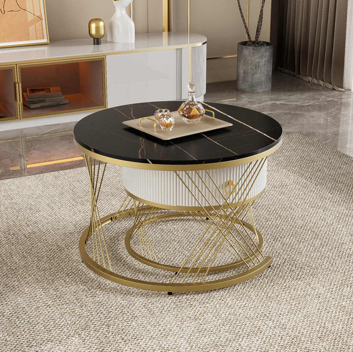 KOMMODE, 2-teiliges Couchtisch-Set aus MDF in Marmor-Optik mit Goldakzenten, 70/70/45 + 50/50/40 cm, Weiß und Gold und Schwarz - Schwarz, Holzwerkstoff (70/70/45cm) - Redom