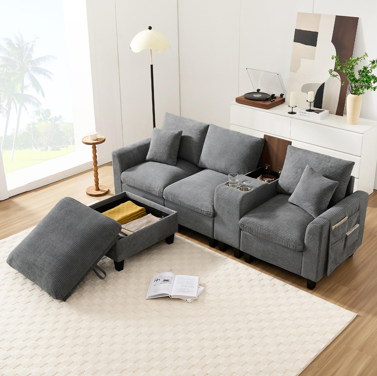 WOHNLANDSCHAFT aus Cord 229x149,5x83 cm Grau mit USB-Anschlüssen, Mittelkonsole, Becherhaltern und Stauraumhocker - Grau, Textil (149.5/229cm) - Modfu