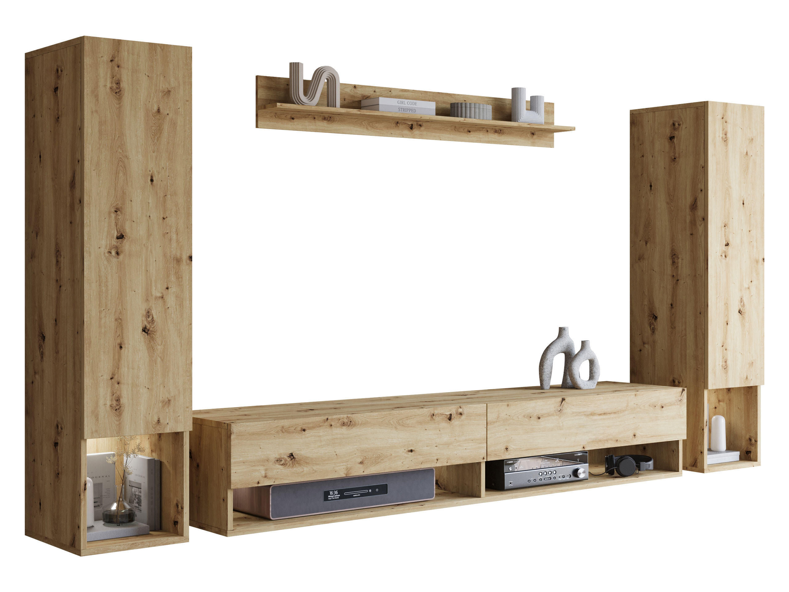 WOHNWAND Amadeo II mit weißer LED Beleuchtung - Eiche Artisan, Holzwerkstoff (30/130/33cm) - MIRJAN24