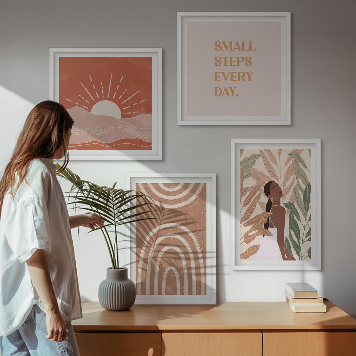 BILDER SET 4er Set - 50x50 cm & 40x60 cm Weißer Rahmen - abstrakte Formen im Boho-Stil - Weiß, Kunststoff (50/50cm) - TULUP