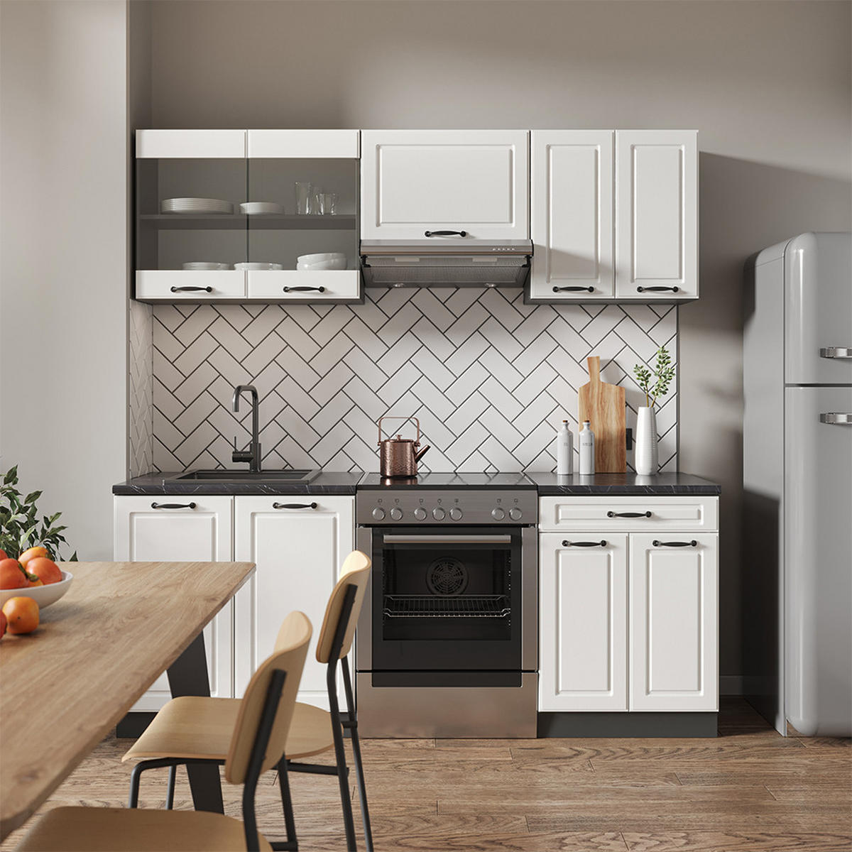 KÜCHENZEILE R-Line Weiß Landhaus/Anthrazit 200 cm, AP Marmor - Anthrazit/Creme, Holzwerkstoff (200/81.6/60cm) - Vicco