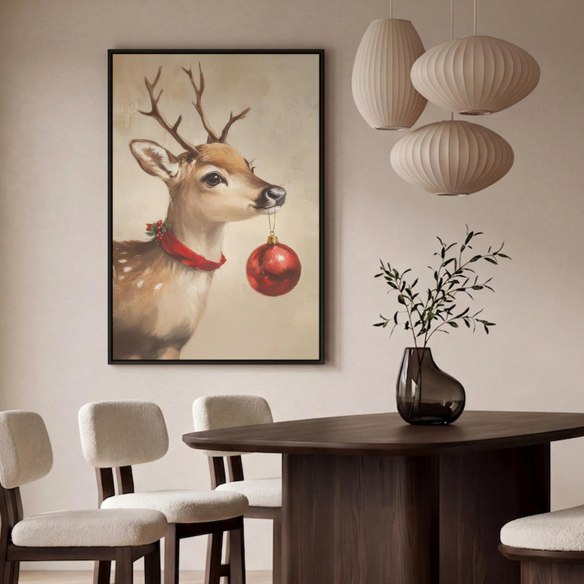 LEINWAND Bilder mit Rahmen - Weihnachten - Hirsch - Geweih - Weihnachtskugel - Rentier - 80x120 - Hellbraun, Textil (80/120cm) - MuchoWow