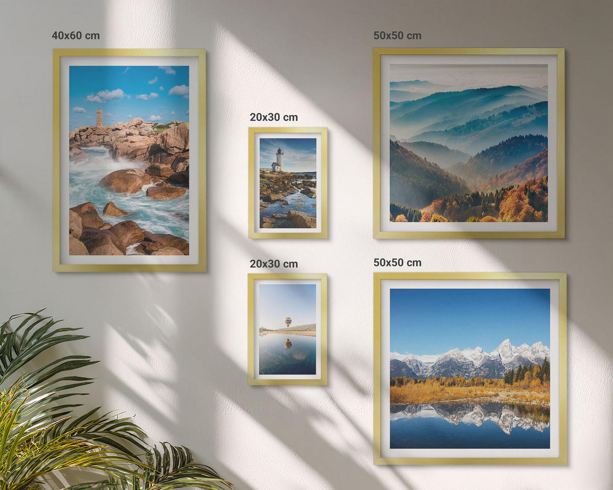 WANDBILDER 5er Set - 50x50 cm & 20x30 cm & 40x60 cm Goldrahmen - Ausblicke auf die Natur, Leuchtturm, Berge - Goldfarben, Kunststoff (40/60cm) - ArtPrintCave