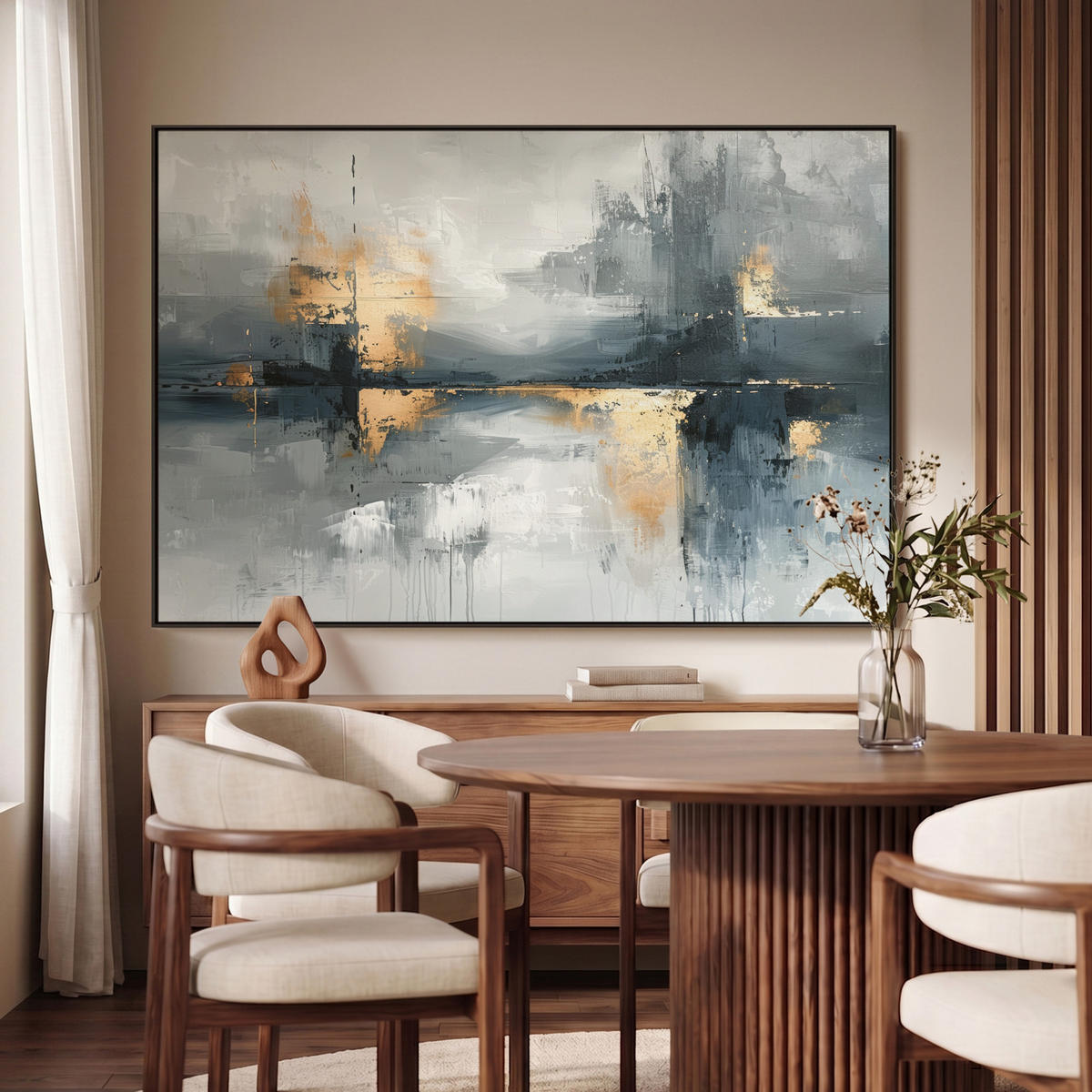 LEINWAND Bilder mit Rahmen - Kunst - Grau - Gold - Abstrakt - 140x90 - Dunkelgrau, Textil (140/90cm) - MuchoWow