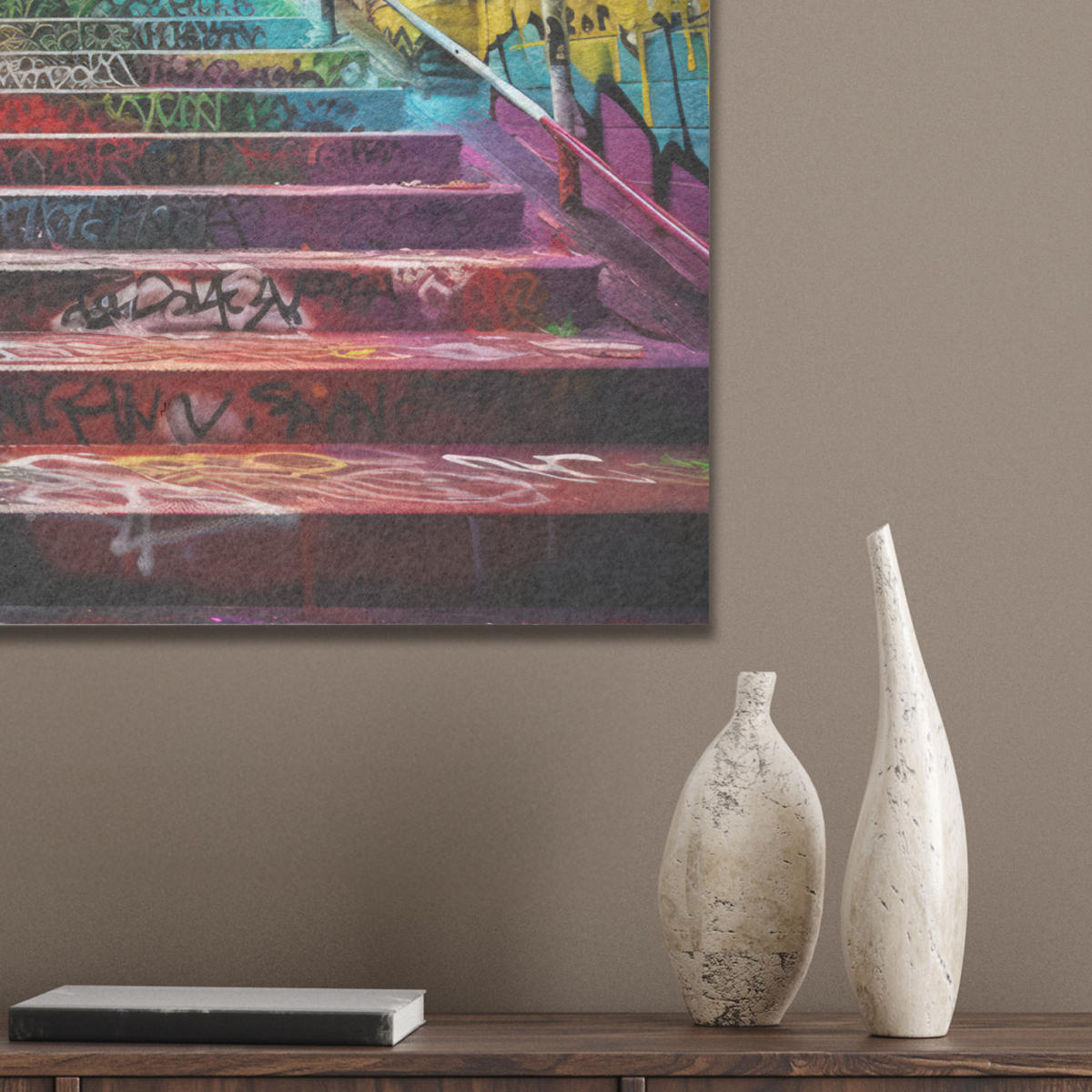 AKUSTIKBILD Treppe - Graffiti - Farben - Kunst Wanddeko 70x50 cm - Multicolor, Kunststoff (70/50/0.9cm) - MuchoWow