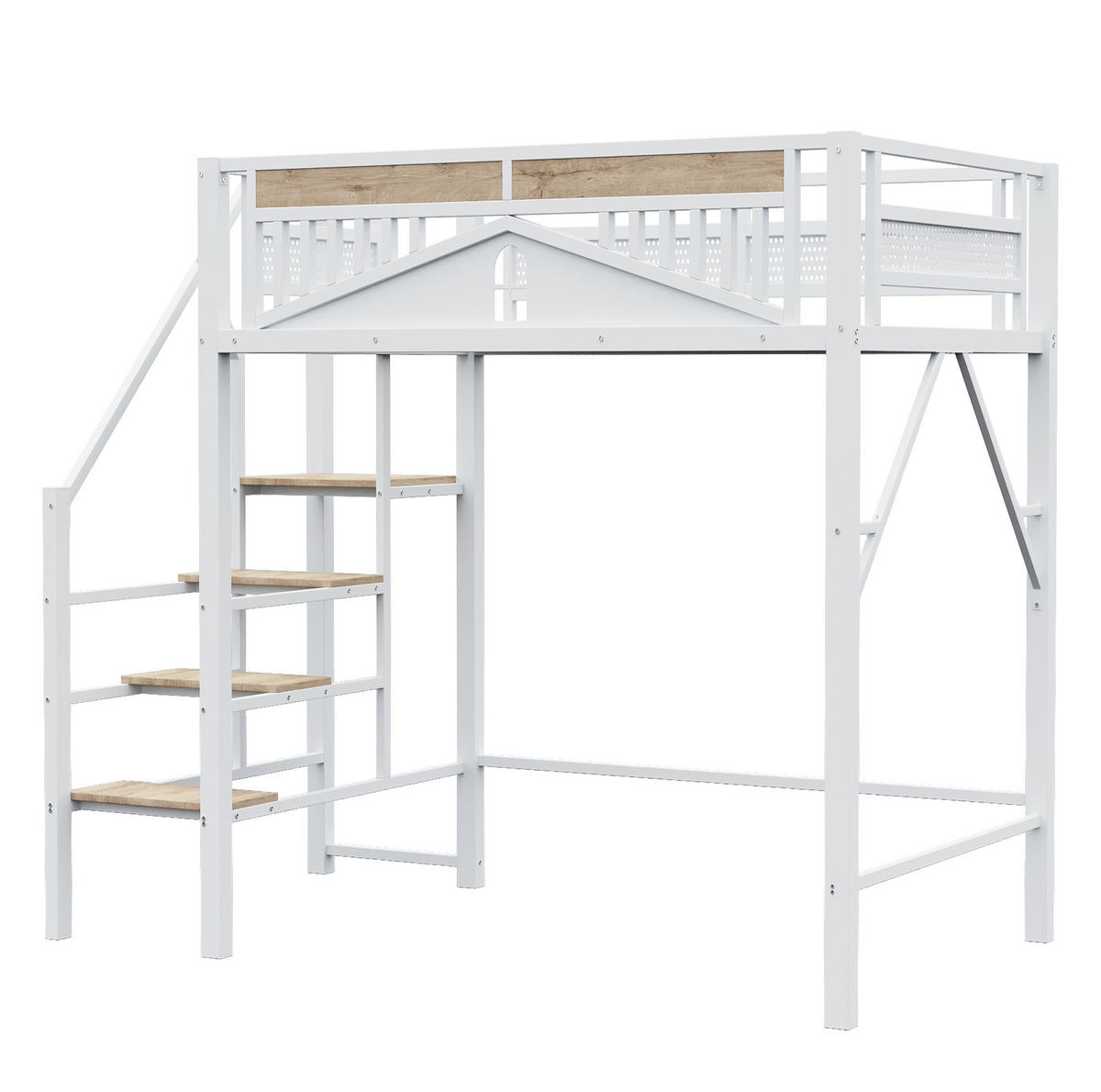 HOCHBETT 140/200 cm Weiß mit Sicherheitsleiter und Stauraum mit Matratze - Weiß, Metall (140/200cm) - OKWISH