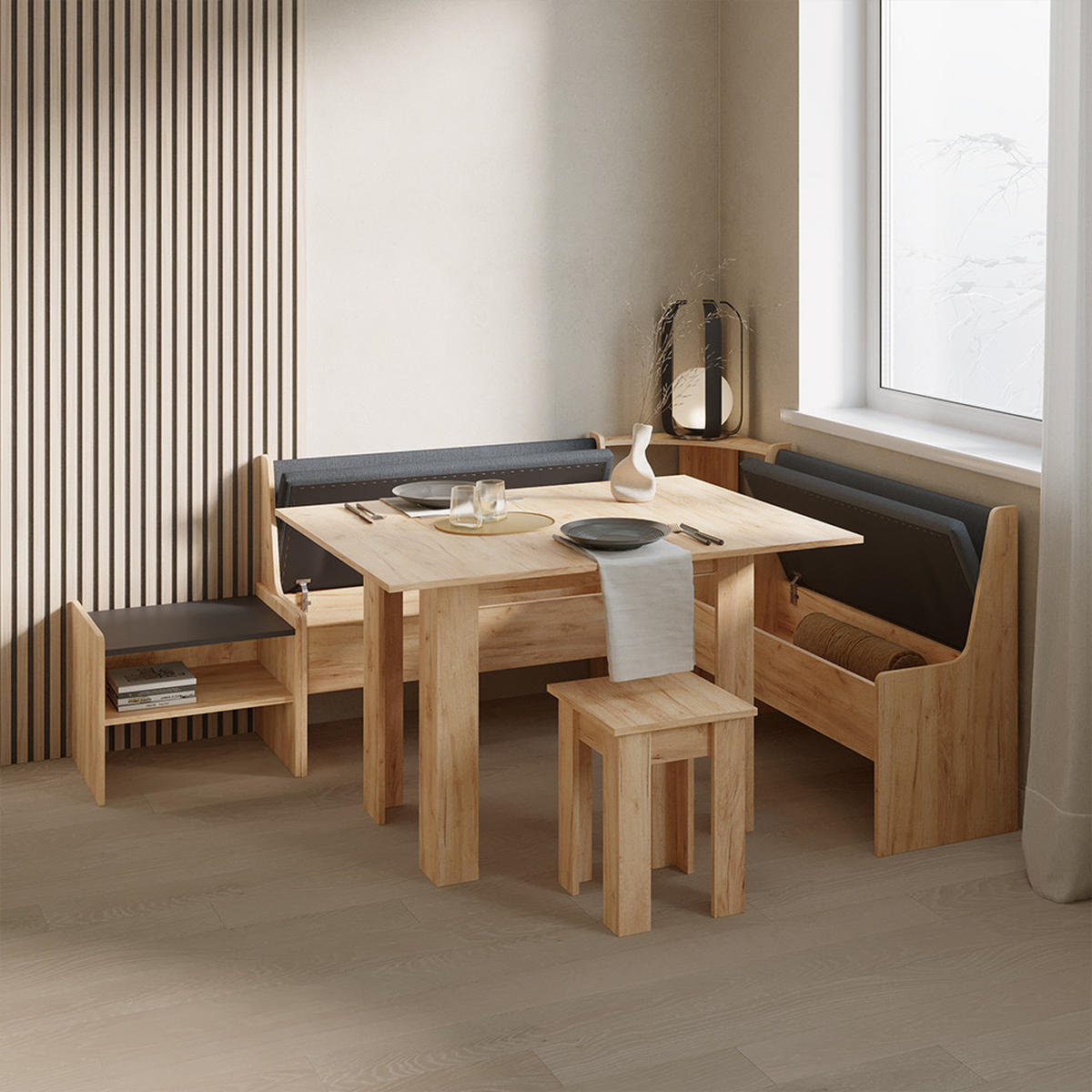 ECKBANKGRUPPE Tiberio Goldkraft Eiche 150 x 150 cm mit Tisch - Honigeiche, Holzwerkstoff (150/80/150cm) - Livinity®
