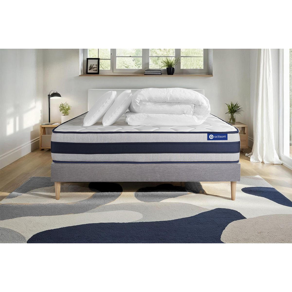 BETT Actimemo ergo Memory-Schaum 180 x 200 cm h3 - Kit Bettgestell Grau - Mit Kissen und Bettdecke - Beige/Grau, Karton/Holz (180/200cm) - ACTISOM