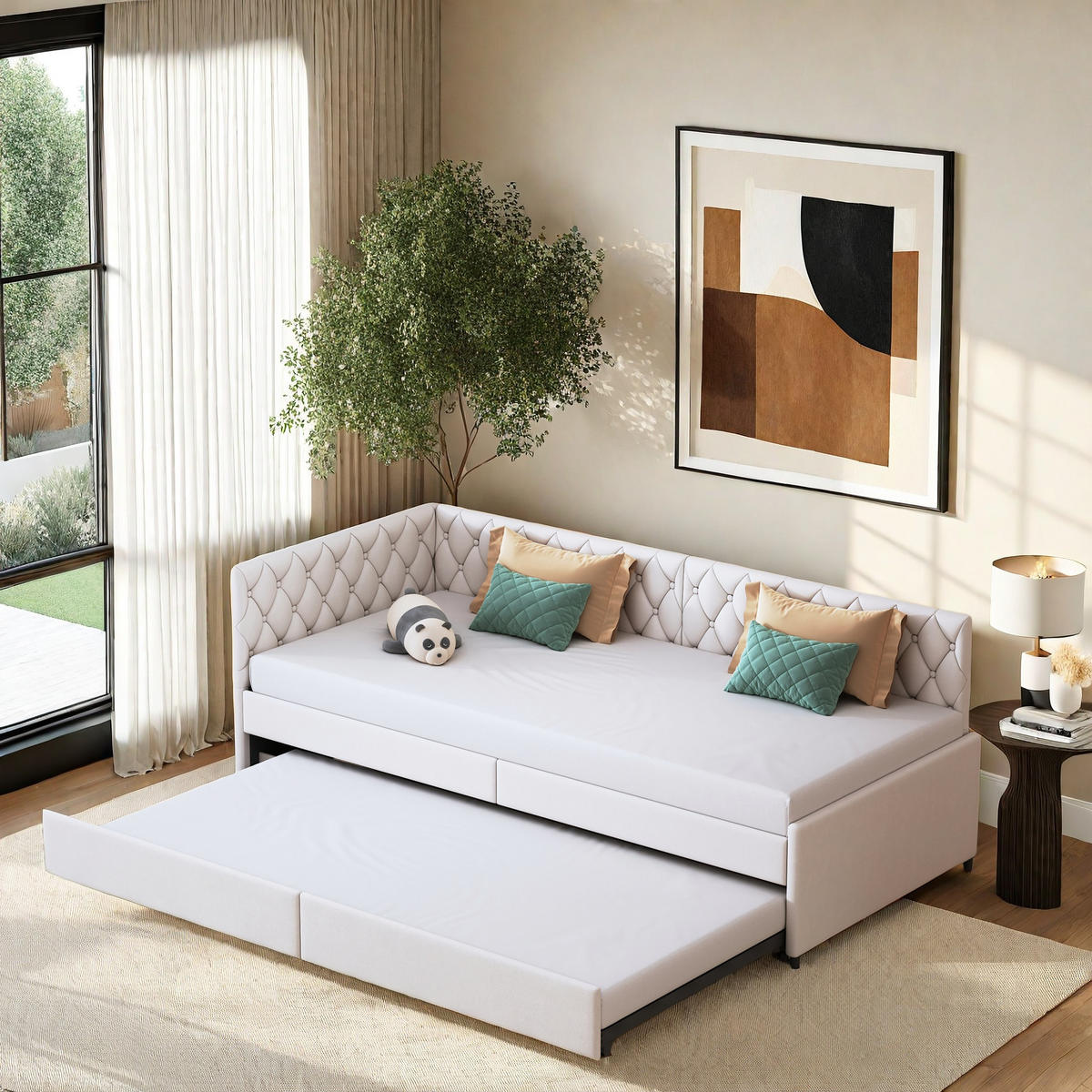 SCHLAFSOFA 90x200 cm, Ausziehbares Polsterbett, multifunktional, Beige - Beige, Holz (96.5/70/205cm)