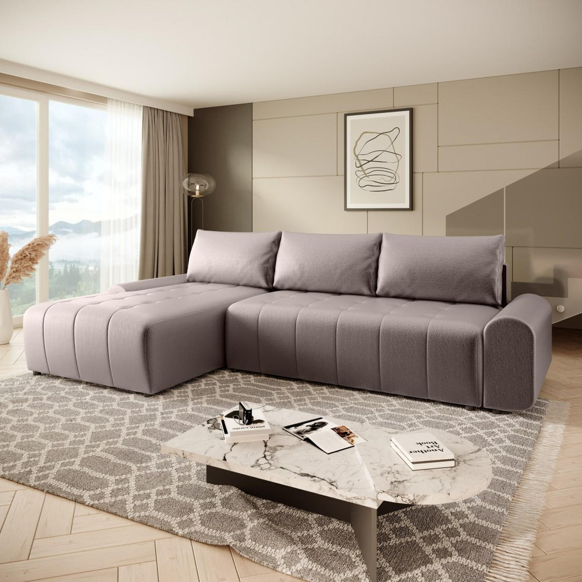 ECKSCHLAFSOFA Costa L taupe links - Taupe/Schwarz, Kunststoff/Textil (290/169cm) - Beautysofa