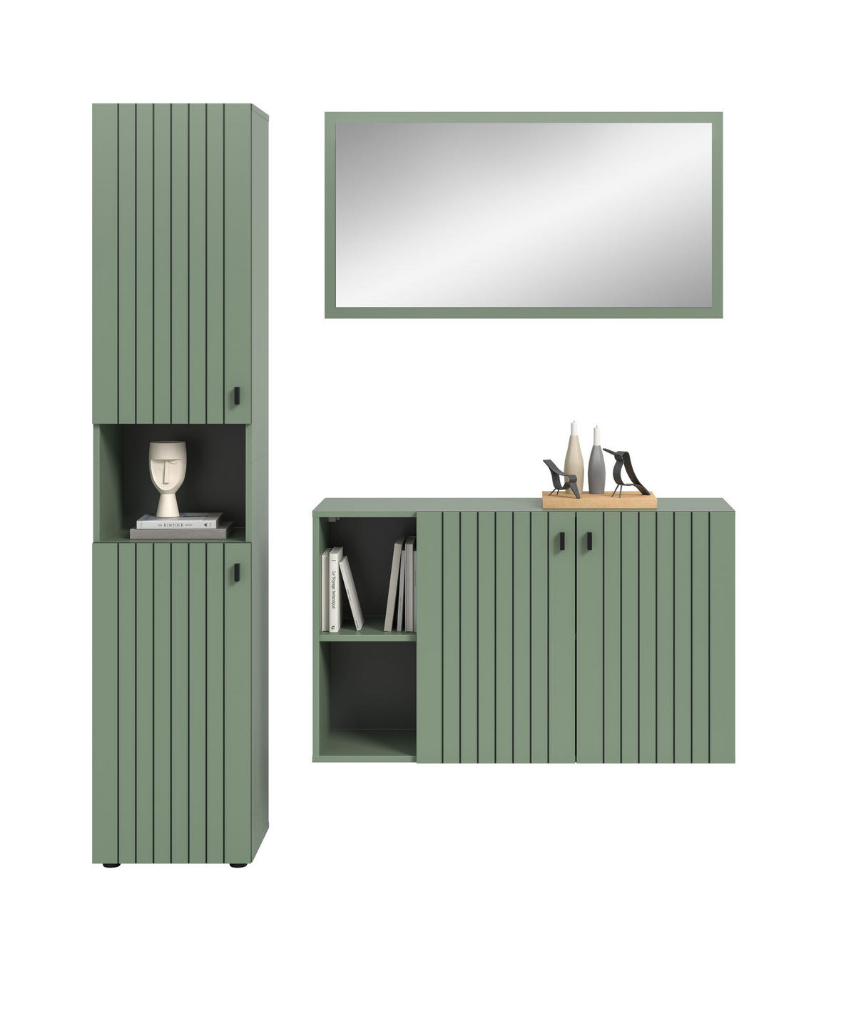 GARDEROBEN-SET STATION 3-tlg. (B/H/T: ca. 161/192/37 cm) in Smoke Green/Smoke Green - Dunkelgrün, Holzwerkstoff (161/192/37cm)