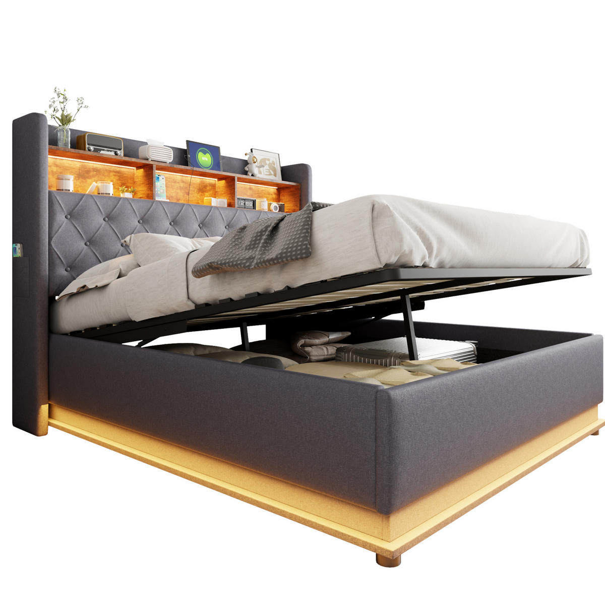 ČALÚNENÁ posteľ 160/200 cm s LED osvetlením, USB portom a hydraulickým úložným priestorom, Sivá - sivá, textil (160/200cm) - Redom