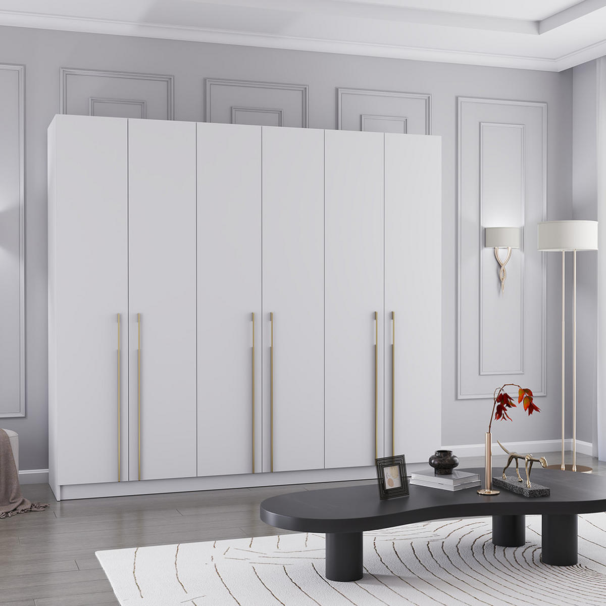 DREHTÜRENSCHRANK ROSA 6D 230/210/57 cm 6-türig Weiß - Goldfarben/Weiß, Holzwerkstoff/Metall (230/57/210cm) - imoebel24