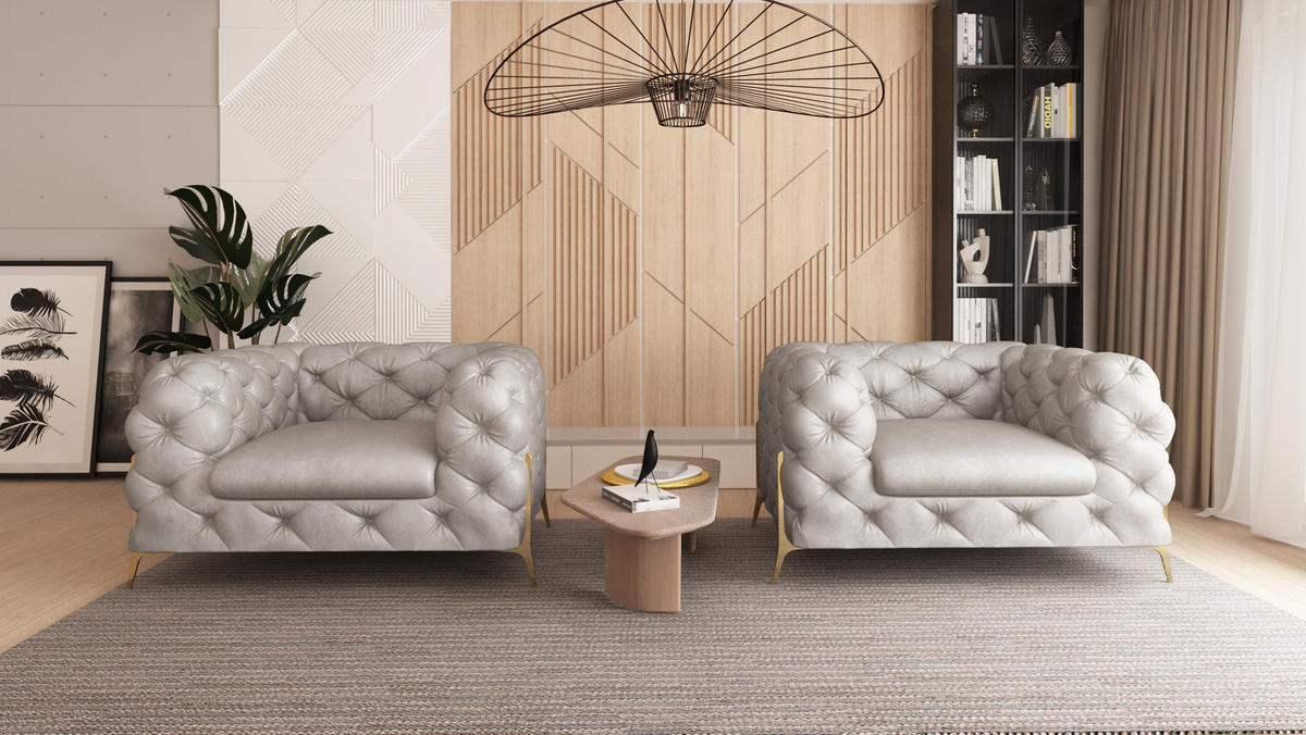 SITZGARNITUR 3+2+1 Chesterfield Vertex Grau Samt - Goldfarben/Grau, Holz/Textil (225/75/100cm) - S-Style Möbel