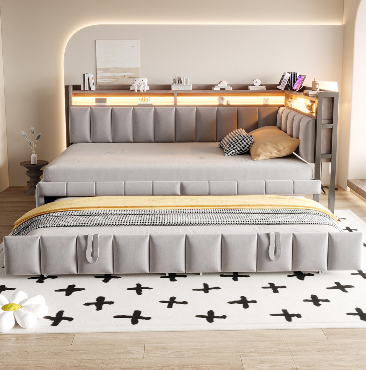 POLSTERBETT Schlafsofa aus Samt 90x200 cm Hellgrau mit Ausziehbett, LED-Beleuchtung, USB- und Typ-C-Anschluss - Hellgrau, Textil (90/200cm) - Modfu