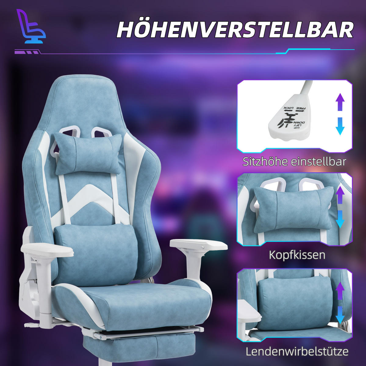 GAMINGSTUHL mit Liegefunktion, höhenverstellbar Schreibtischstuhl bis 120 kg - Blau, Kunststoff (73/129/74cm) - HOMCOM