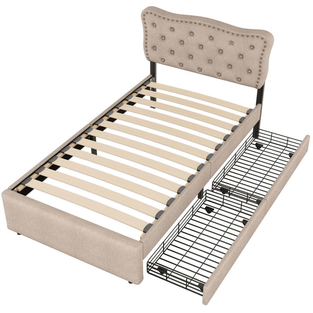 POLSTERBETT 90/200 cm mit 2 Schubladen und gepolstertem Kopfteil in Dunkelbeige - Beige, Textil (90/200cm) - BEAOK
