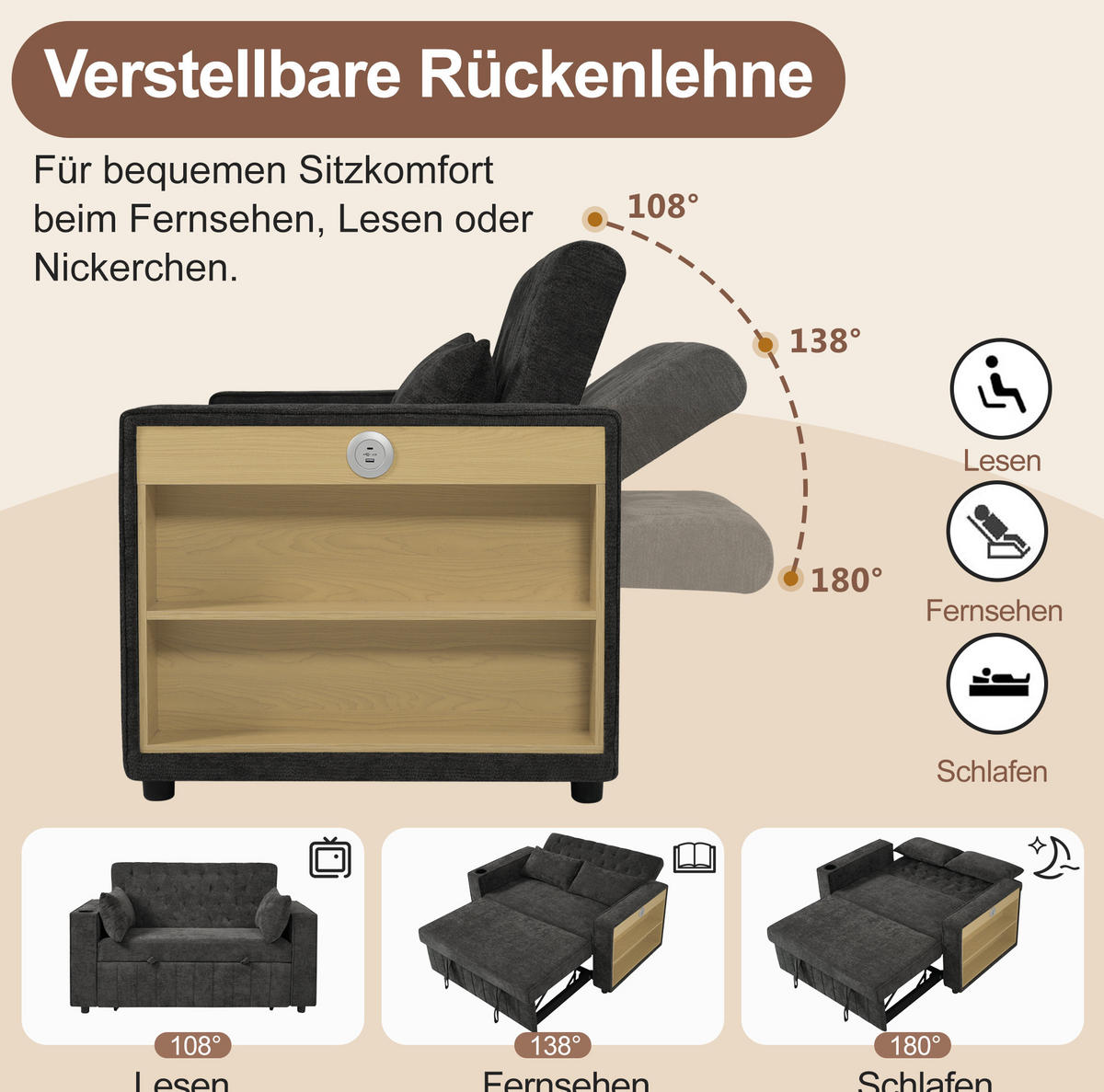SCHLAFSOFA, Chenille mit USB-Anschluss, Stauraum & 3-fach verstellbarer Rückenlehne, 140/137/84 cm, Grau - Grau, Textil (137/84/140cm) - Redom