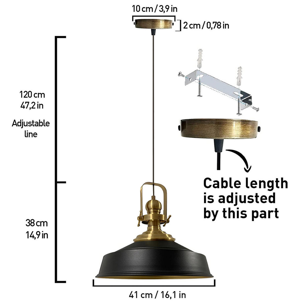 PENDELLEUCHTE Asletl 41/38 cm - Schwarz, Metall (38/41/160cm) - Bamyum