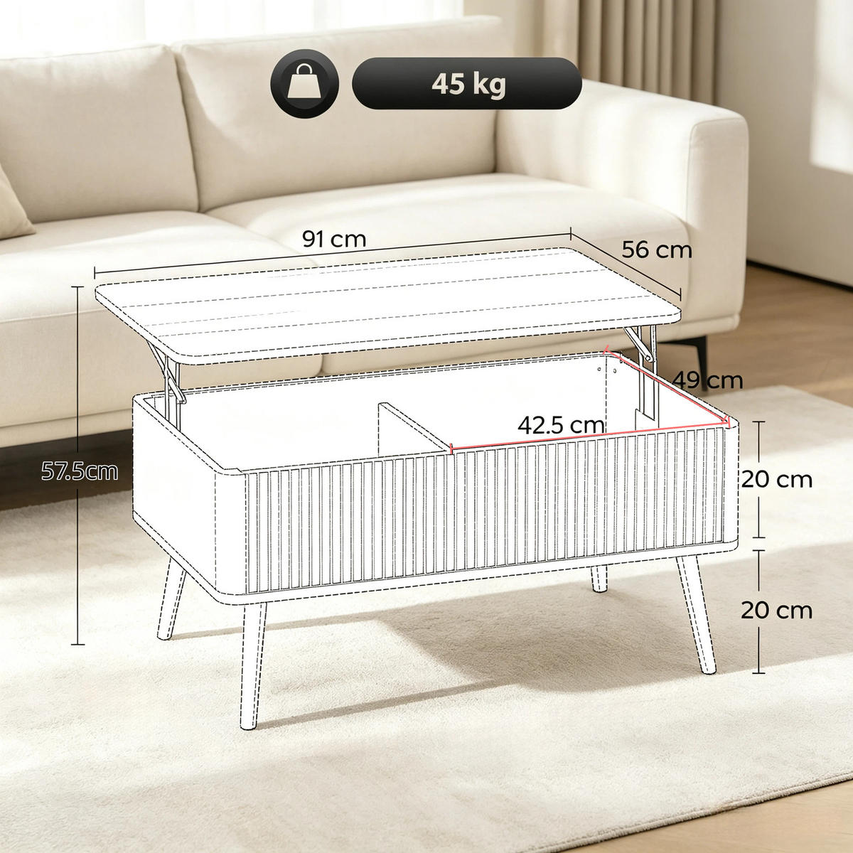 COUCHTISCH höhenverstellbar Eiche mit Stauraum - Eichefarben, Holz/Holzwerkstoff (91/56/43cm)