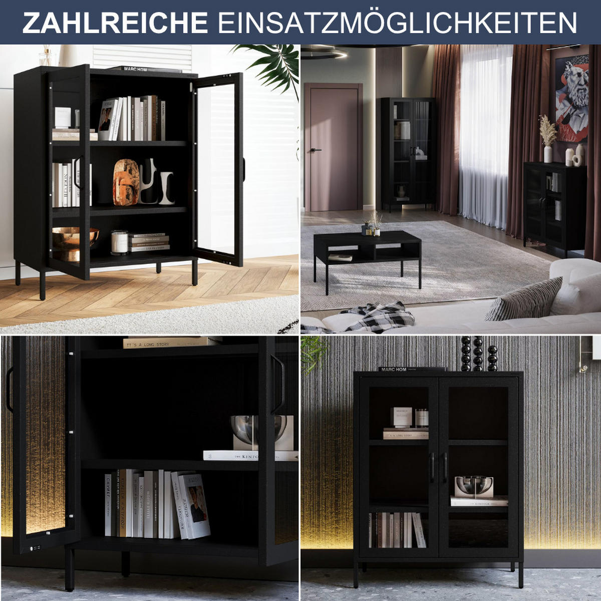 VITRINENSCHRANK klein GINA Bücherschrank Glasfenster Schwarz - Schwarz, Metall (80/101.5/40cm) - Jan Nowak