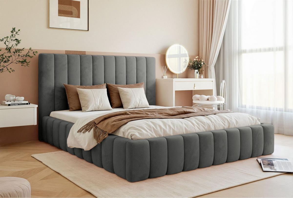 POLSTERBETT Fiarro Grau, Velours, 140x200 cm - Grau, Textil (140/200cm) - Selsey