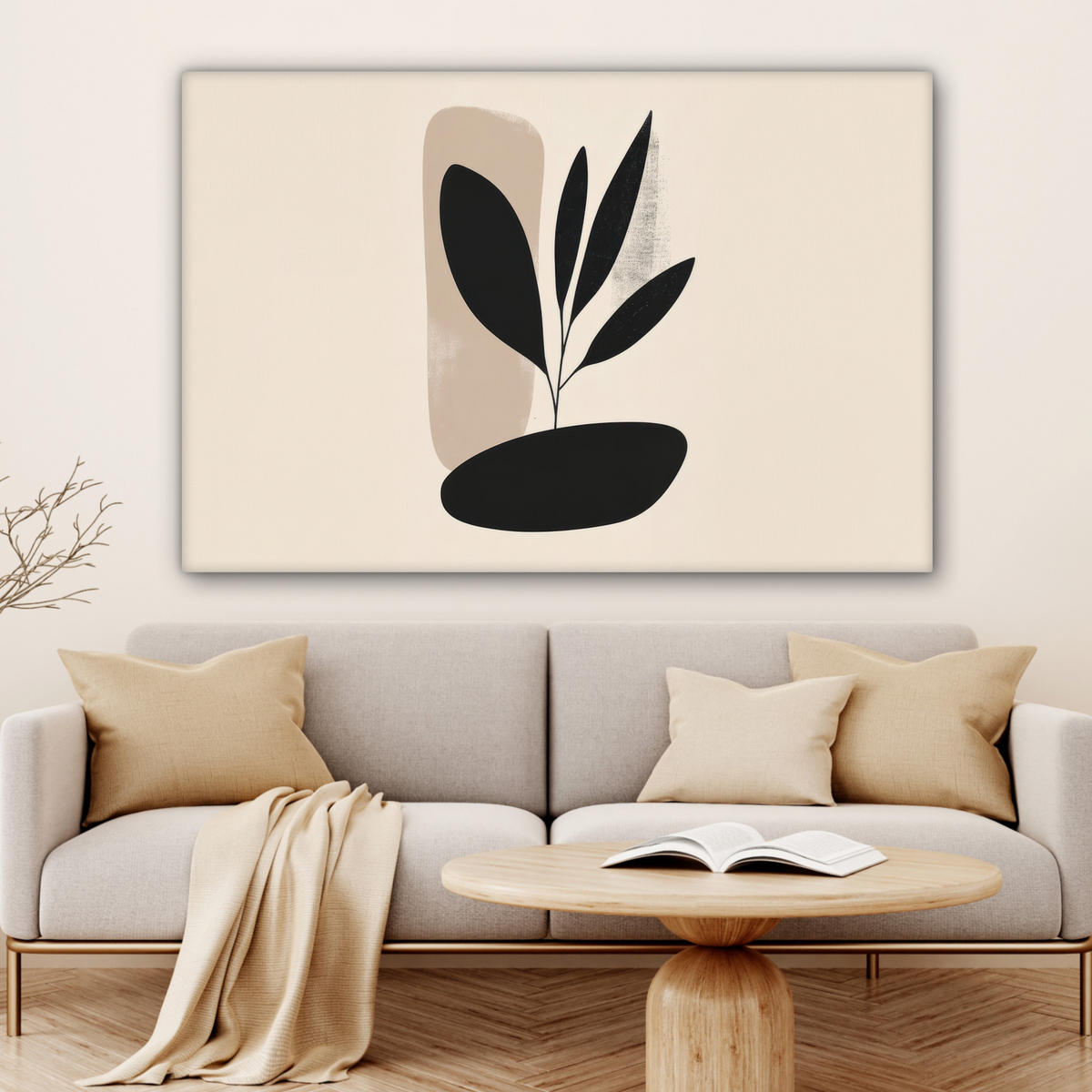 LEINWANDBILD Pflanze - Beige - Japanisch Groß 140x90 cm - Schwarz, Textil (140/90cm) - MuchoWow