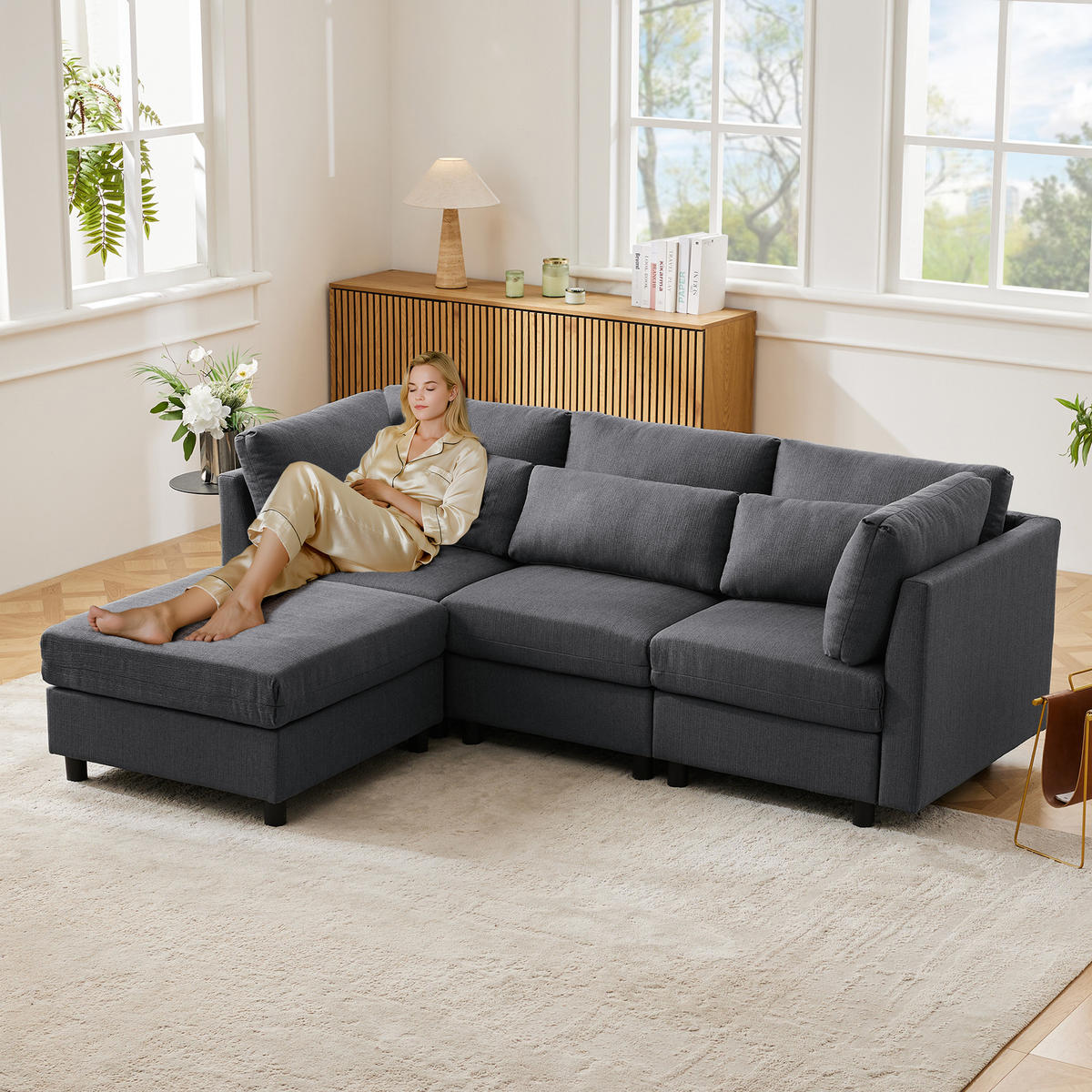 ECKSOFA mit Fußhocker und Rückenkissen - Grau, Textil (83/220cm) - Kaket