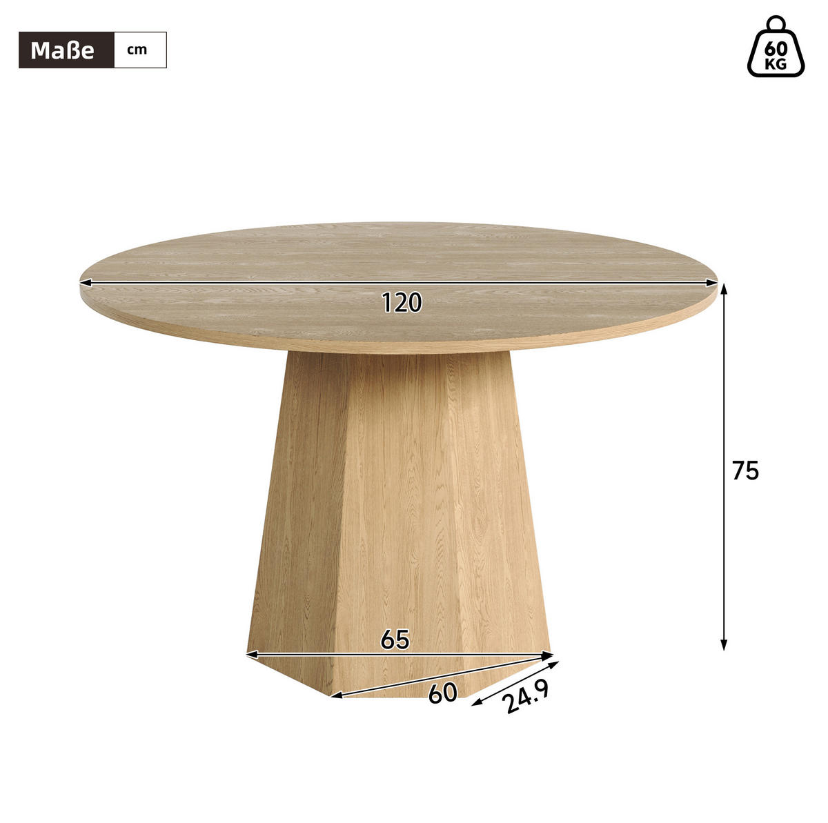 ESSTISCH rund 120 cm in Eichefarbe für 4-6 Personen, skandinavisches Design - Eichefarben, Holzwerkstoff (120/120/75cm) - Flora Grace