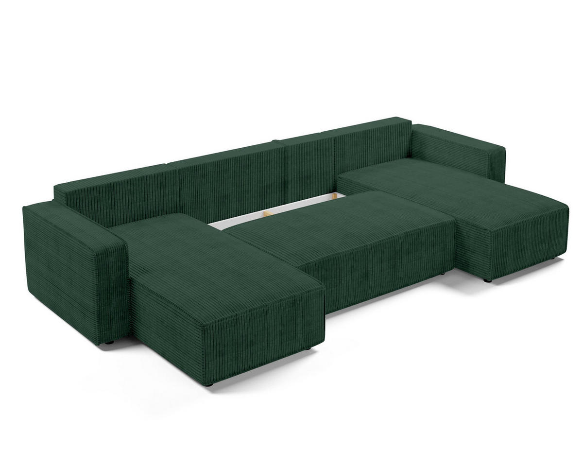 WOHNLANDSCHAFT Aydin U Form Grün 338/169/85 cm Cord mit Schlaffunktion - Dunkelgrün/Schwarz, Kunststoff/Textil (338/85/169cm) - AX Living