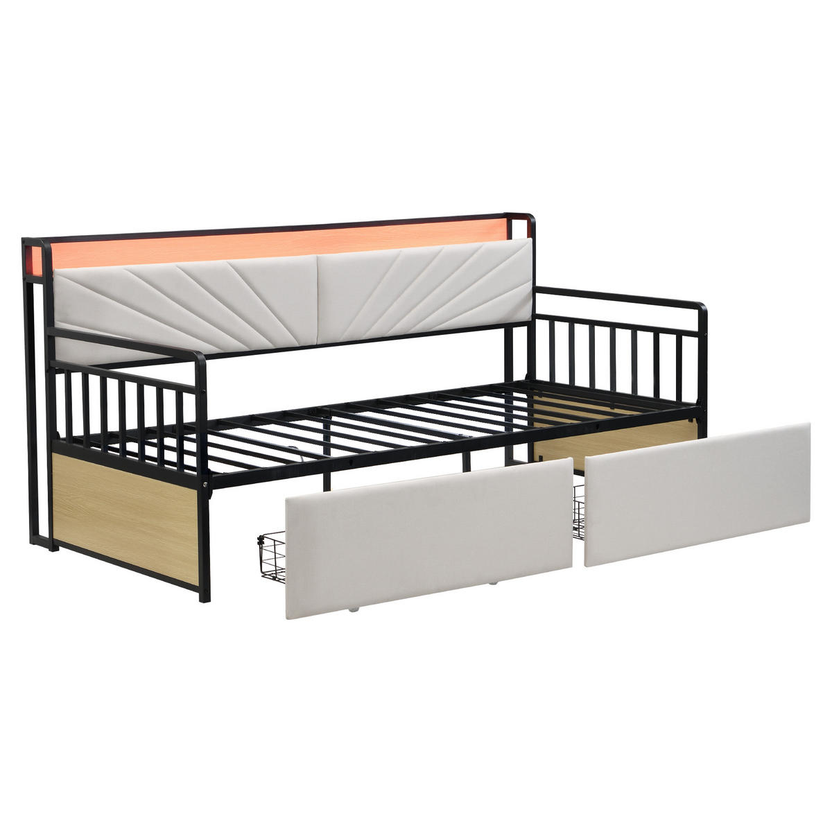 BETT 90/200 cm mit LED-Beleuchtung und Ablagen Beige - Schwarz, Metall (90/200cm) - OKWISH