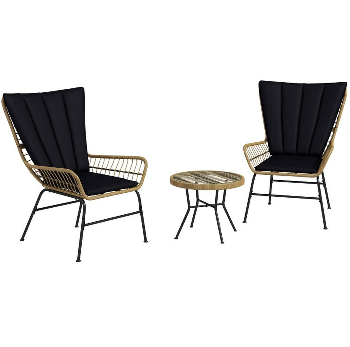 BALKONSET 3-teilig,50×50×40cm schwarz aus Rattan mit Kissen und Glas Tisch - Schwarz, Naturmaterialen - Modfu