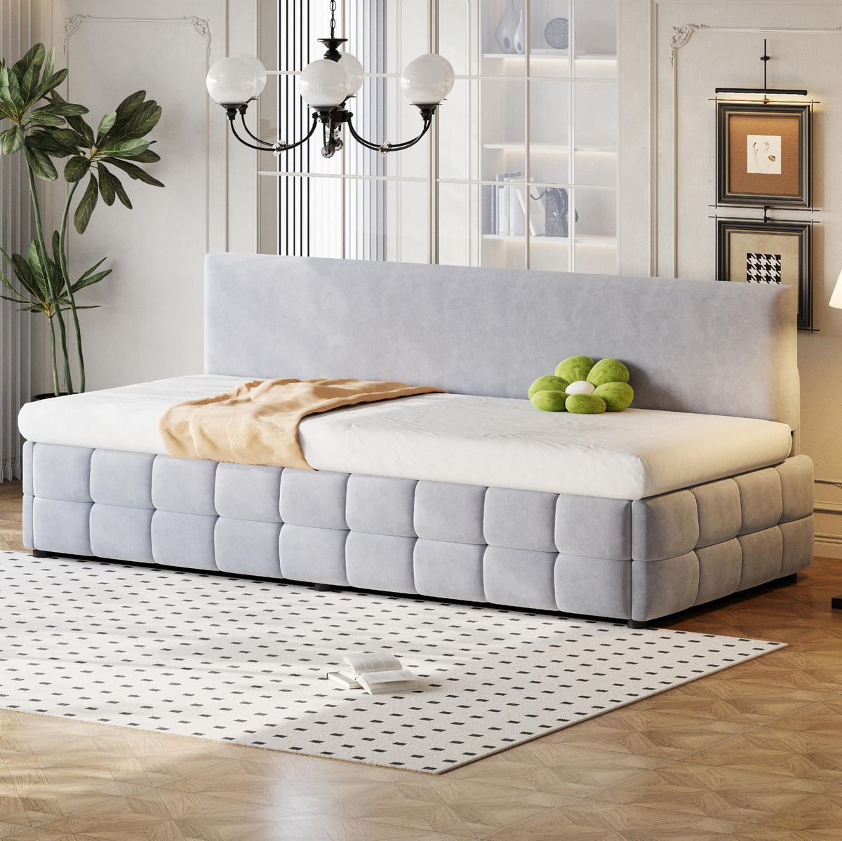 ČALÚNENÁ posteľ 90/200 cm svetlosivá zo zamatu s úložným priestorom a operadlom - svetlosivá, textil (90/200cm) - OKWISH