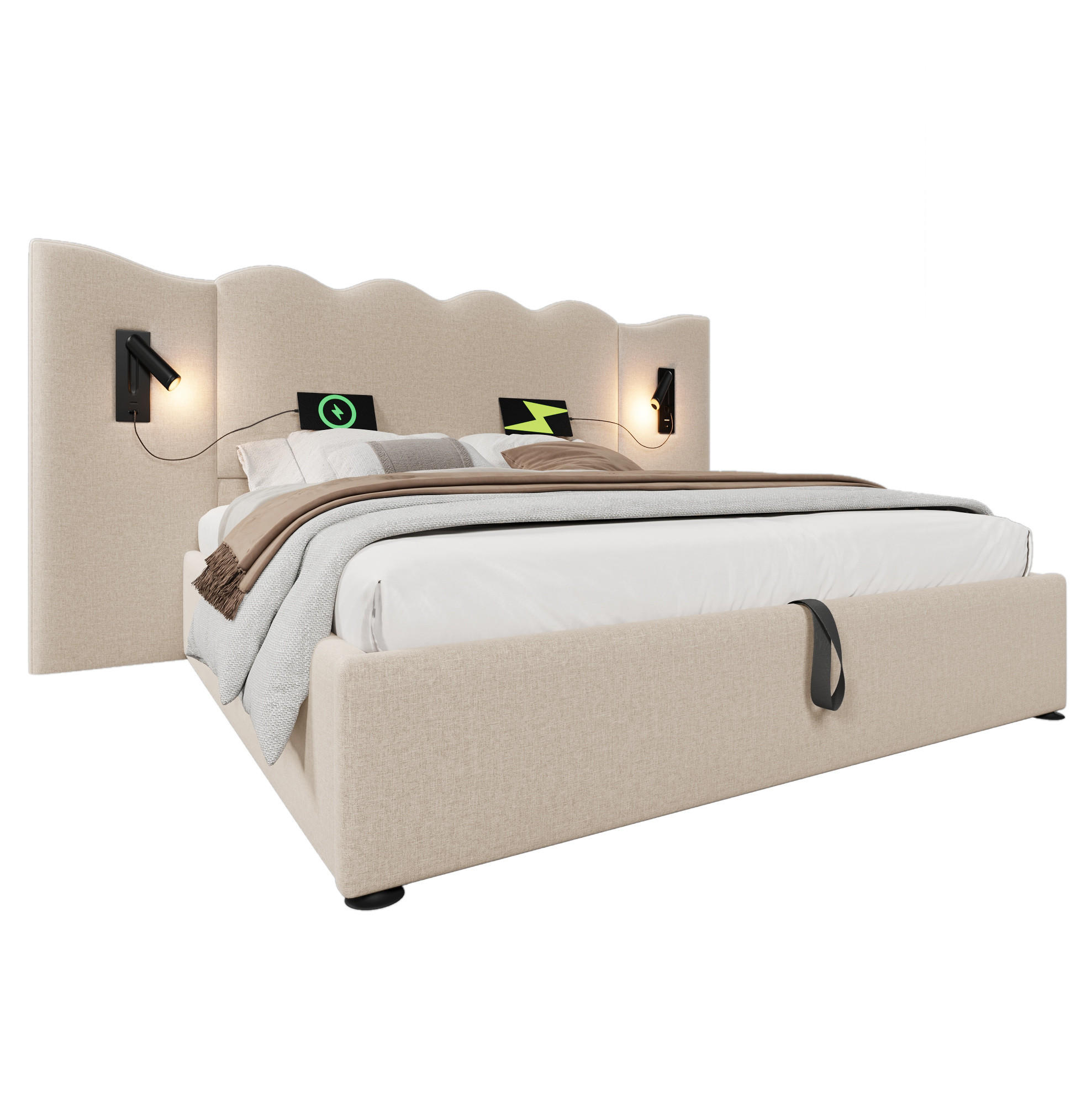POLSTERBETT mit Bettkasten 160/200 cm, gepolstertes Kopfteil mit Leselampe - Beige, Textil (160/200cm) - BEAOK