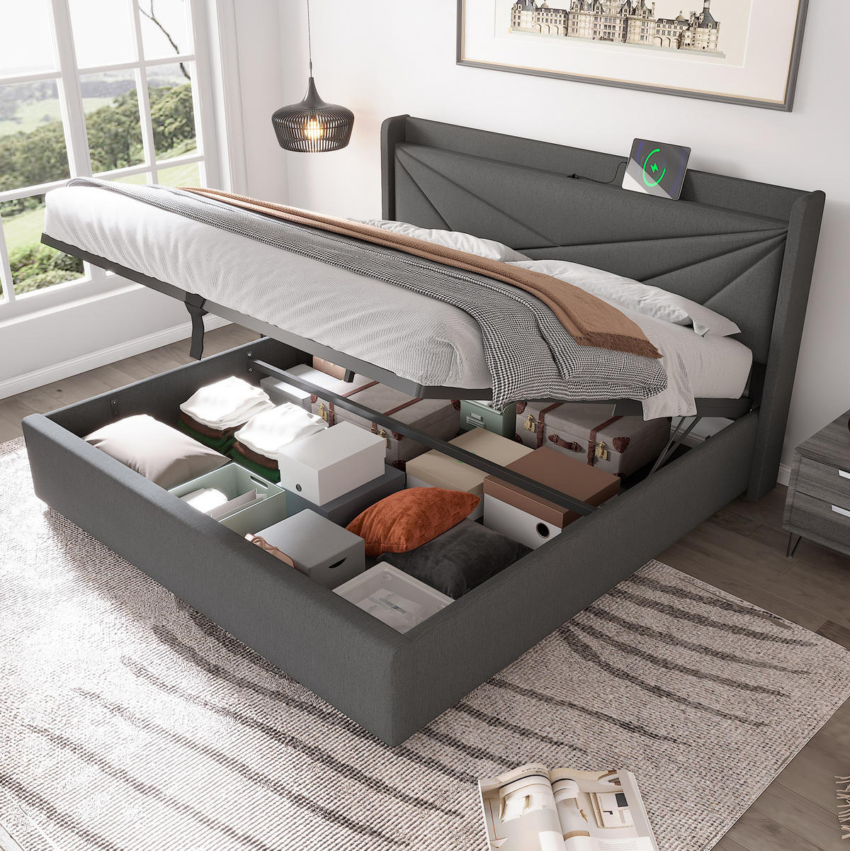 BETT mit Bettkasten und USB/Typ-C 180x200 cm Grau - Grau, Metall (180/200cm) - Meubliv