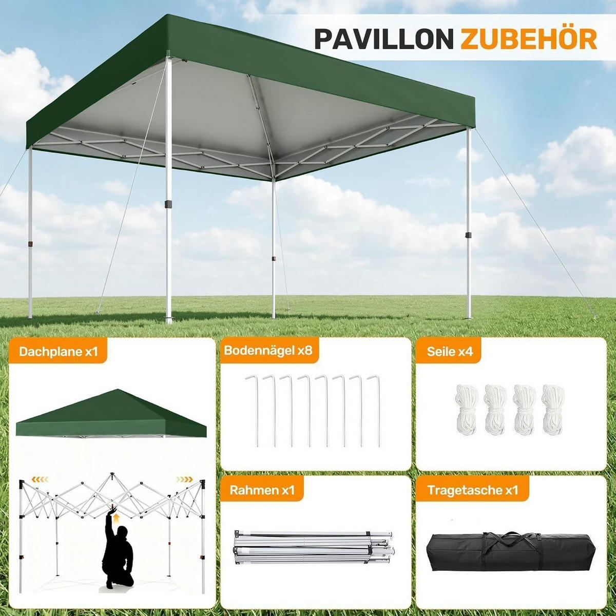 GARTENPAVILLON 3 x 3 m Grün Wasserdicht UV-Schutz 50+ Höhenverstellbar - Grün, Textil (300/265/300cm)