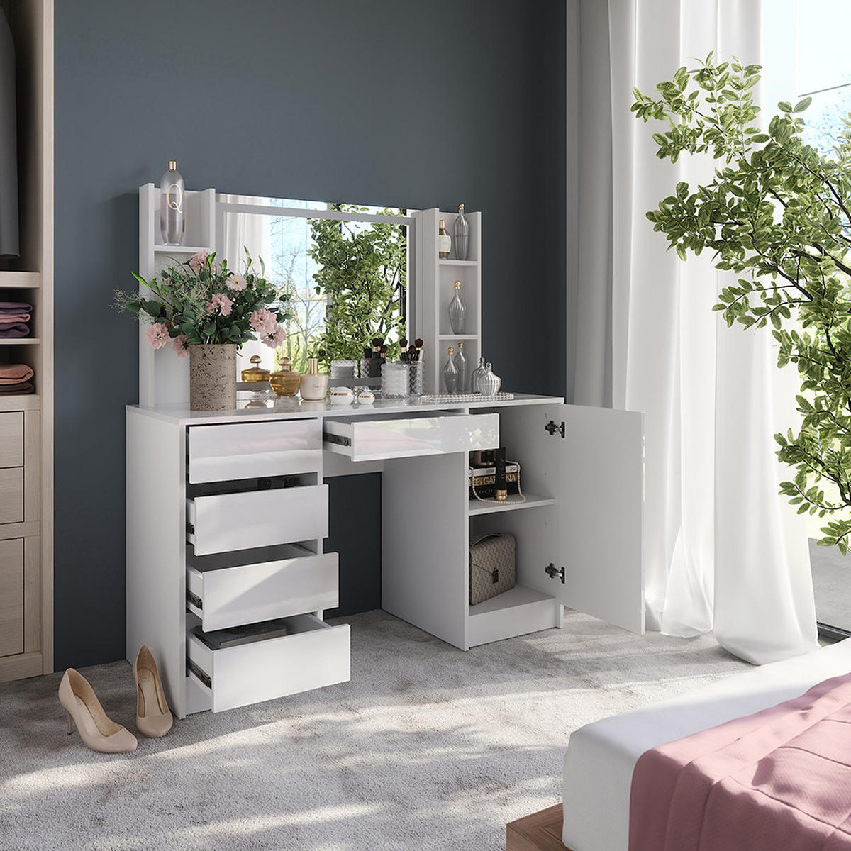 SCHMINKTISCH Sherry Weiß/Weiß Hochglanz 128.2 cm 4 Teile - Weiß Hochglanz, Holzwerkstoff (128.2/76/50.1cm) - Vicco