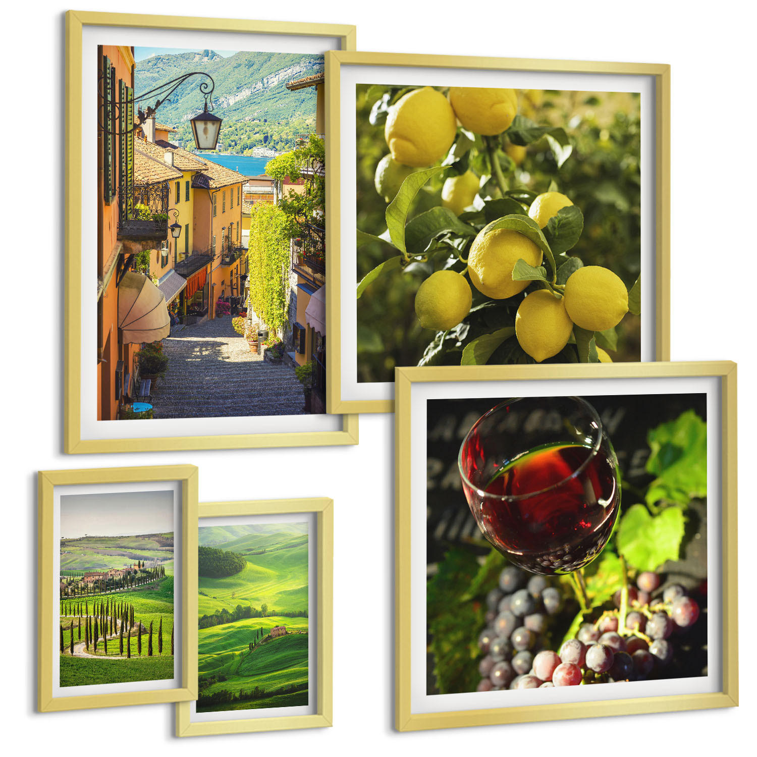 BILDER SET 5er Set - 50x50 cm & 20x30 cm & 40x60 cm Goldrahmen - Italienische Landschaften, Zitrushügel - Goldfarben, Kunststoff (40/60cm) - TULUP